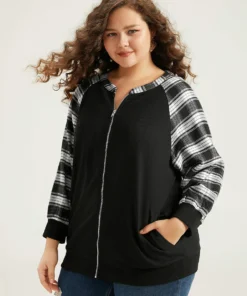 Plaid Patchwork Pocket Zipper Fly Jacket -Clothing Shop 666446860 er