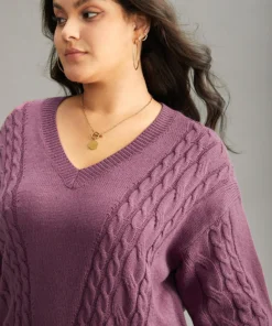 Solid Cable Knit V Neck Split Side Pullover -Clothing Shop 667189773 ph