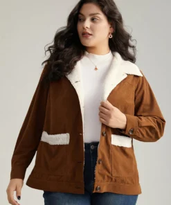 Corduroy Lapel Collar Fuzzy Patchwork Button Fly Coat -Clothing Shop 667408405 ny