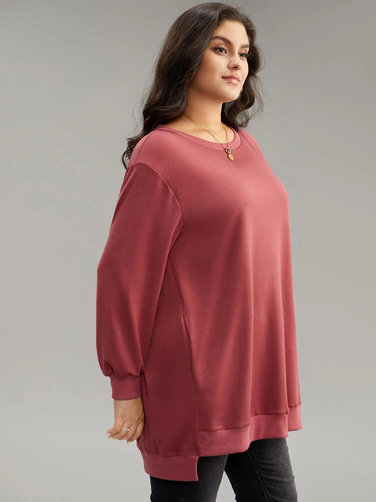 Solid Rib Knit Hem High Low Hem Sweatshirt 5 Solid Rib Knit Hem High Low Hem Sweatshirt - Image 3