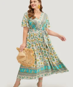 Bandana Pocket Belted Surplice Neck Gathered Ruffle Sleeve Dress