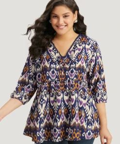 Bandana Print Ties Pompom Trim Blouse