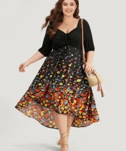 Floral Print Patchwork Drawstring Square Neck Dress 15 Floral Print Patchwork Drawstring Square Neck Dress -Clothing Shop 668848928 sw