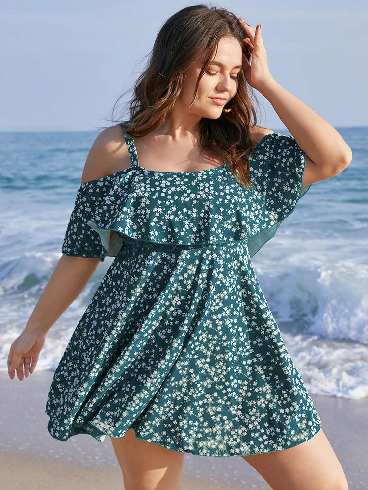 Ditsy Floral Cold Shoulder Sculpt Waist Ruffles Swim Dress 14 Ditsy Floral Cold Shoulder Sculpt Waist Ruffles Swim Dress - Image 12