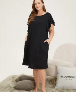 Solid Pocket Flutter Trim Sleep Dress 15 Solid Pocket Flutter Trim Sleep Dress -Clothing Shop 670082781 tu