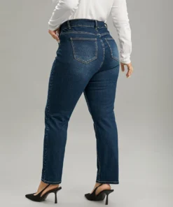 Rhinestone Detail Dark Wash Straight Leg Jeans -Clothing Shop 671364004 zb