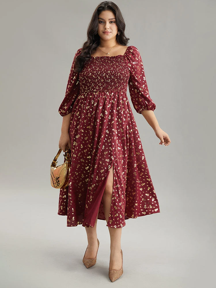 Glitter Square Neck Shirred Split Front Frill Trim Dress 9 Glitter Square Neck Shirred Split Front Frill Trim Dress - Image 7