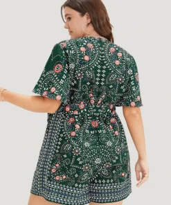 Bandana Print Belted Pocket Surplice Neck Romper -Clothing Shop 672151623 xw