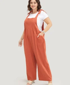 Solid Pleated Detail Pocket Knotted Shoulder Overall Jumpsuit -Clothing Shop 672237880 ov