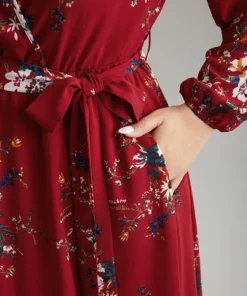 Floral Print Belted Split Surplice Neck Dress -Clothing Shop 672267901 kp