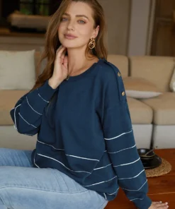 Striped Metal Button Detail Elastic Cuffs Pullover -Clothing Shop 67248737 ck