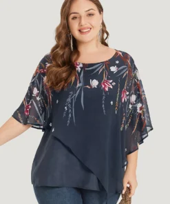 Floral Print Crochet Mesh Asymmetrical Batwing Sleeve Blouse 31 Floral Print Crochet Mesh Asymmetrical Batwing Sleeve Blouse -Clothing Shop 672507133 ok