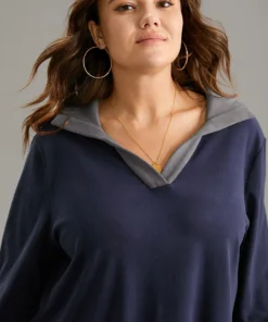 Two Tone Contrast Lapel Collar Sweatshirt -Clothing Shop 672564734 jc