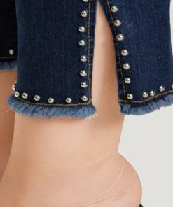 Plain Split Side Beaded Detail Dark Wash Jeans -Clothing Shop 672622229 gu