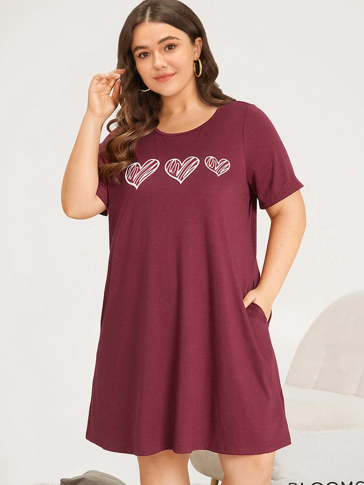 Heart Print Ruffle Hem Crew Neck Sleep Dress 5 Heart Print Ruffle Hem Crew Neck Sleep Dress - Image 3