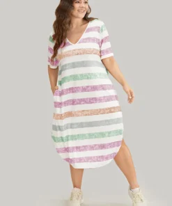 Striped Contrast Arc Hem V Neck Pocket Dress -Clothing Shop 672793920 mm 2c99b9b3 ee31 4523 a664 19975ad9ad9f