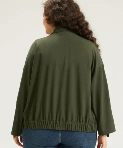 Lapel Collar Solid Gathered Tab Sleeve Jacket -Clothing Shop 67281958 yd