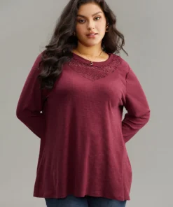 Solid Lace Insert Crew Neck Cut Out T-shirt -Clothing Shop 673135538 zr