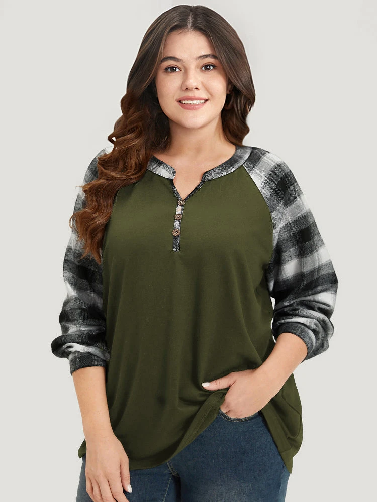 Plaid Patchwork Notched Button Detail Sweatshirt 20 Plaid Patchwork Notched Button Detail Sweatshirt - Image 18