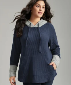 Waffle Knit Pocket Hooded Patchwork Sweatshirt -Clothing Shop 673378487 tc 1e3ca11b e551 4df9 848f ae0ec6c38722