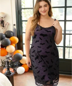 Halloween Bat Print Lace Patchwork Sleep Cami Dress -Clothing Shop 673650124 kj