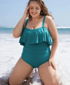 Ruffle Trim Sculpt Waist Ruched Front One Piece Swimsuit -Clothing Shop 673984663 pf