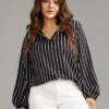 Striped Shirt Collar Lantern Sleeve Blouse