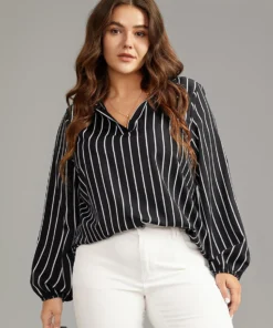 Striped Shirt Collar Lantern Sleeve Blouse