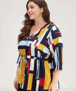 Geometric Contrast Drawstring Button Up Blouse -Clothing Shop 67473371 pg