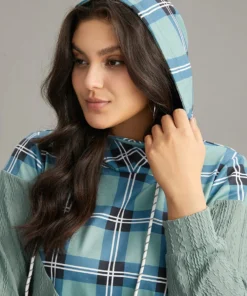 Plaid Patchwork Contrast Texture Hooded Sweatshirt -Clothing Shop 674760929 ak