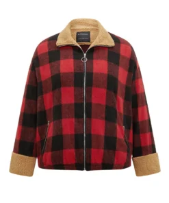 Plaid Patchwork Zipper Contrast Pocket Jacket -Clothing Shop 675154483 rx