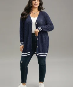 Cable Knit Striped Patchwork Button Through Cardigan -Clothing Shop 675774919 qe