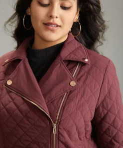 Zipper Fly Quilted Button Detail Lapel Collar Jacket -Clothing Shop 675869170 sv