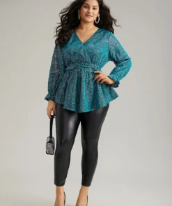 Sequin Wrap Ruffles Ruched Lantern Sleeve Blouse -Clothing Shop 676092937 jd