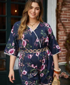 Floral Print Overlap Collar Contrast Trim Pocket Jumpsuit 16 Floral Print Overlap Collar Contrast Trim Pocket Jumpsuit -Clothing Shop 67615303 uy