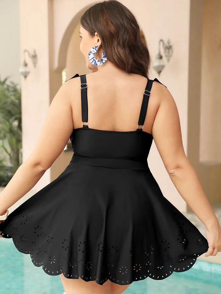 Laser Cut Ruffle Trim Crisscross Neck Scalloped Swim Dress 17 Laser Cut Ruffle Trim Crisscross Neck Scalloped Swim Dress - Image 15