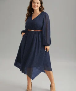 Plain Textured V Neck Hanky Hem Dress -Clothing Shop 676517477 yl adc3686e 0ddb 4097 afea a2c1ec048500