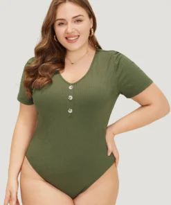 Solid Rib Knit Button Detail Bodysuit -Clothing Shop 676883944 qs