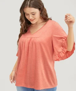 Solid Gathered Ruffle Trim Flounce Sleeve T-shirt -Clothing Shop 677051975 ul 3465f3f8 ed86 4889 9125 c832398a3edb