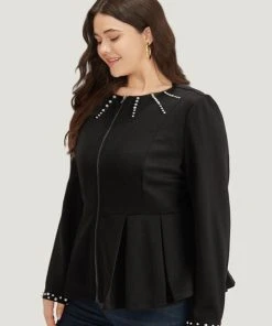 Pearl Beaded Zipper Plicated Detail Coat -Clothing Shop 677246319 sw