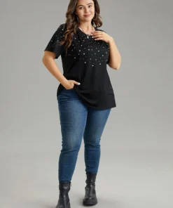 Glitter Star Print Crew Neck T-shirt -Clothing Shop 678124896 lc