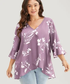 Floral Asymmetrical Hem Ruffle Trim Flounce Sleeve Blouse -Clothing Shop 678262544 bk ade8531d 5f82 4f29 a536 dbe853dc7e2b