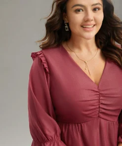 Solid Frill Trim Ruched Elastic Waist Blouse -Clothing Shop 678282045 ex