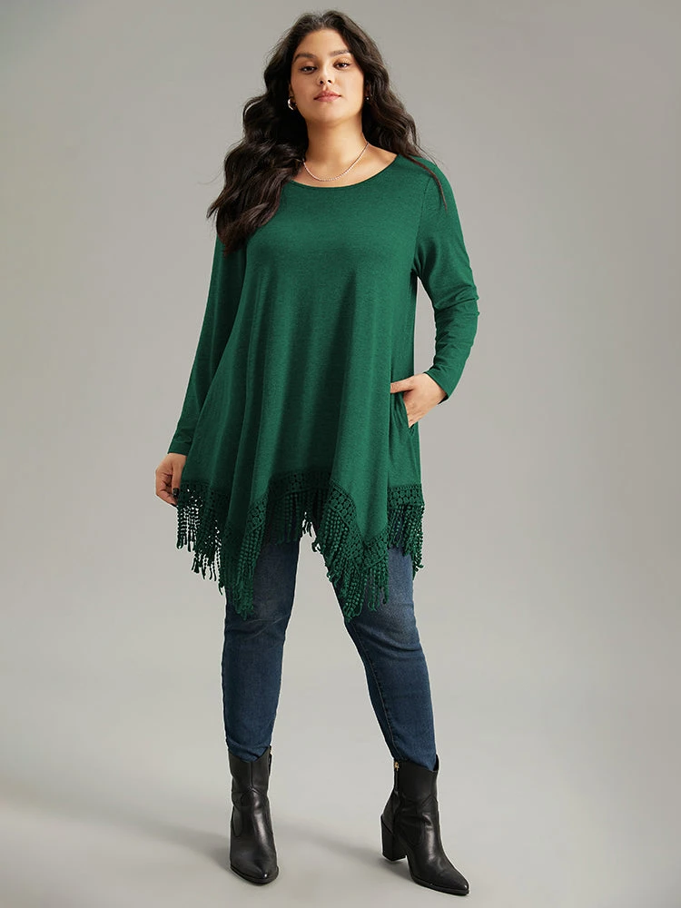 Solid Tassels Trim Pocket Asymmetrical Hem T-shirt 13 Solid Tassels Trim Pocket Asymmetrical Hem T-shirt - Image 11