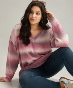 Ombre Heather V Neck Elastic Cuffs Pullover