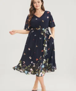 Floral & Butterfly Print Contrast Lace Pocket Belted Ruffles Dress -Clothing Shop 68036681 rs fec08046 d18d 49c7 acfc 5ddbe1bf78d6