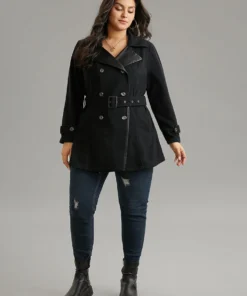 PU Leather Patchwork Lapel Collar Double Breasted Belted Coat -Clothing Shop 682071015 rn