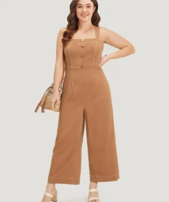 Solid Button Detail Pocket Stitch Zipper Cami Jumpsuit