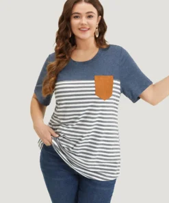 Striped Patchwork Round Neck Patched Pocket T-shirt