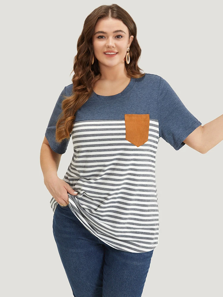 Striped Patchwork Round Neck Patched Pocket T-shirt 3 Striped Patchwork Round Neck Patched Pocket T-shirt
